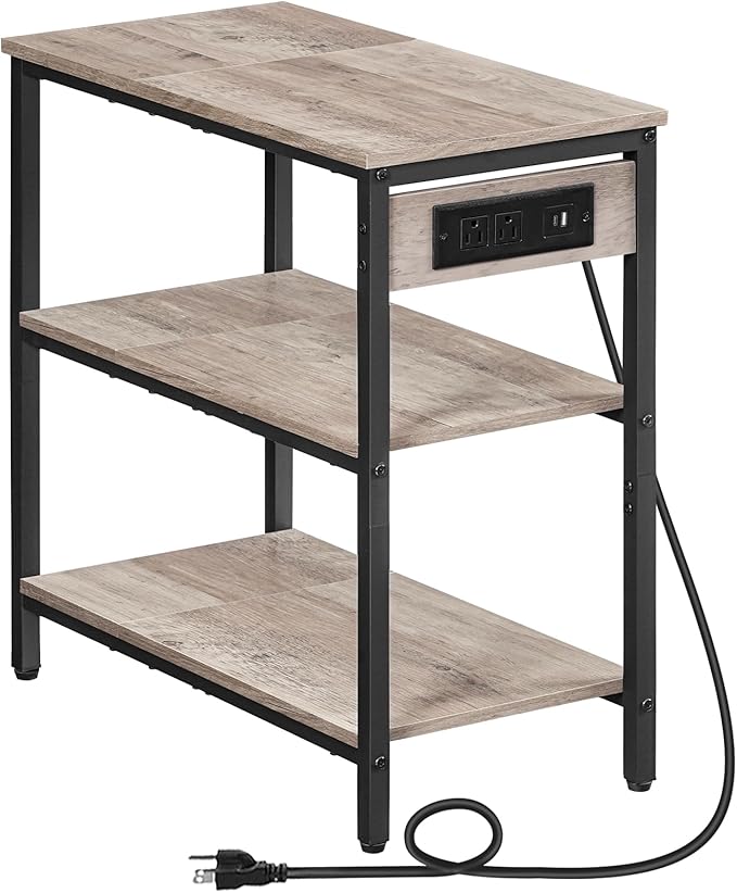 HOOBRO End Table with Charging Station, Simple Rustic Side Table with 3-Tier Storage Shelf, Narrow Nightstand for Small Spaces, for Living Room, Industrial Design, Greige and Black BG149UBZ01-Ruum Studio Home