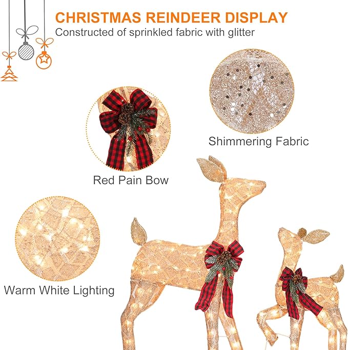 2 Pcs Reindeer Christmas Decoration, Xmas Lighted Golden Shimmering Doe and Fawn Display Set with 105 Warm White Lights for Yard Lawn Indoor Outdoor-Ruum Studio Home