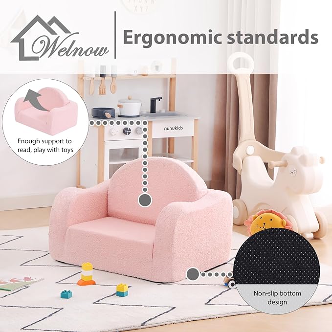 Welnow 2-in-1 Kids Sofa Chair, Convertible Toddler Chair Flip Out Children Sofa Chair with Wave Armrests Folding Kids Play Sofa with Side Pockets & Removable Cover Armchair for Girl or Boy-Ruum Studio Home