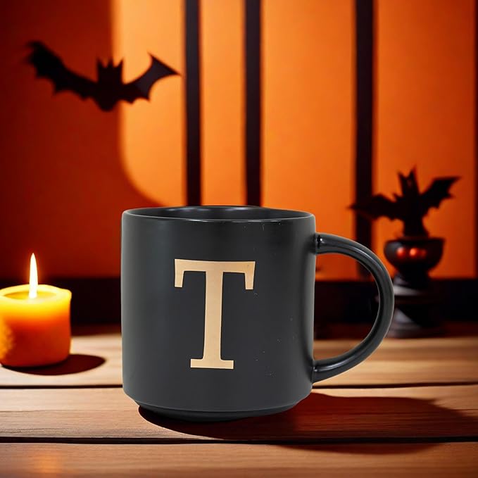 COLLECTIVE HOME - Monogram Ceramic Mugs, 15 oz Golden Initial Black Coffee Cups, Elegant Alphabet Tea Mugs, Elegant Personalized Mug with Gift Box, Unique Mug with Double Side Capital Lette (T)-Ruum Studio Home