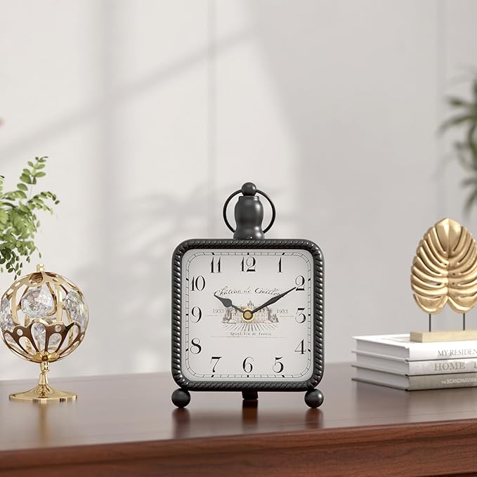 Vintage Black Table Clock on Stand, Desk and Shelf Decor Clock, French Rustic Style Non-Ticking Mantel Clocks for Farmhouse, Living Room, Bedroom, Bedside, Gift (8.5" H x 5.5" W)-Ruum Studio Home