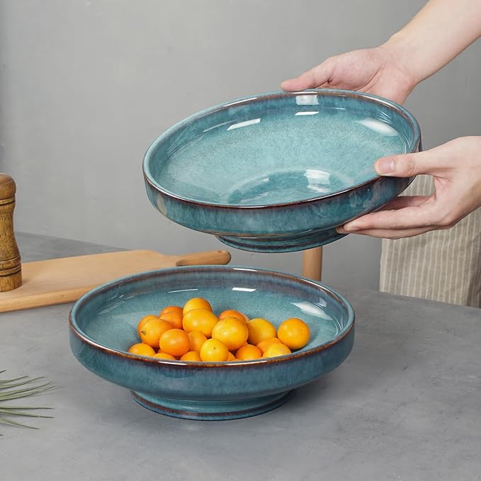 Ceramic Fruit Bowl for Kitchen Counter,Decorative Pedestal Bowl for Table Countertop,Large Footed Serving Bowl,10.2 Inch (Blue)-Ruum Studio Home