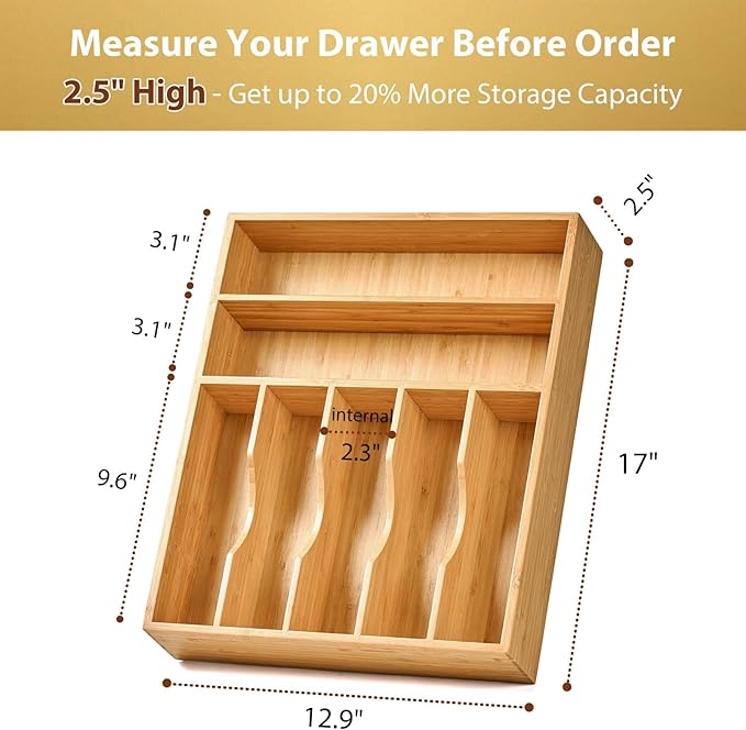 Umilife Bamboo Kitchen Drawer Organizer, 13 Inch Silverware Utensil Tray Holder, Extra Deep Grooved Drawer Divider, 7 Slots Total Bamboo Wood Caddy for Flatware Cutlery Knives, Forks, Spoons-Ruum Studio Home