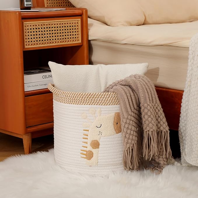 INough Toy Storage Baskets Woven Cotton Rope Storage Basket for Kids, Blanket Baskets for Living Room Toys Organizer with Embroidery Decor, Cute Baskets with Handle for Nursery, Playroom (Giraffe)-Ruum Studio Home