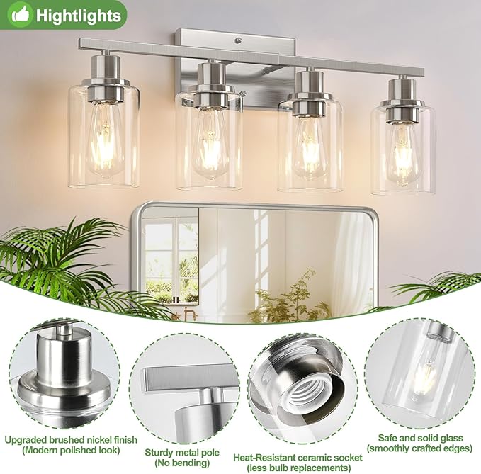 4-Light Bathroom Light Fixtures, Brushed Nickel Vanity Lights with Clear Glass Shades, Modern Bathroom Wall Lamp for Mirror Living Room Cabinet Bedroom Porch-Ruum Studio Home