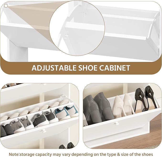 Shoe Cabinet with 3 Flip Drawers, Narrow Shoe Cabinet with 9 Hooks Coat Rack, Freestanding Shoes Storage Cabinets with Adjustable Shelves for Entryway, Hallway, Living Room, White-Ruum Studio Home