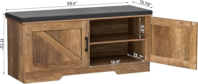 2-Tier Storage Bench, Shoe Bench with Padded Seat Cushion, Entryway Bench with 2 Barn Doors, Adjustable Shelf, 13.8" D x 39.4" W x 17.7" H, for Entryway, Living Room, Bedroom, Rustic Walnut-Ruum Studio Home