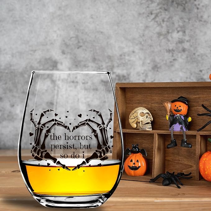The Horrors Persist But So Do I Wine Glass,Skeleton Heart Hands,Funny Halloween&Valentine's Day Wine Glass,15oz-Ruum Studio Home