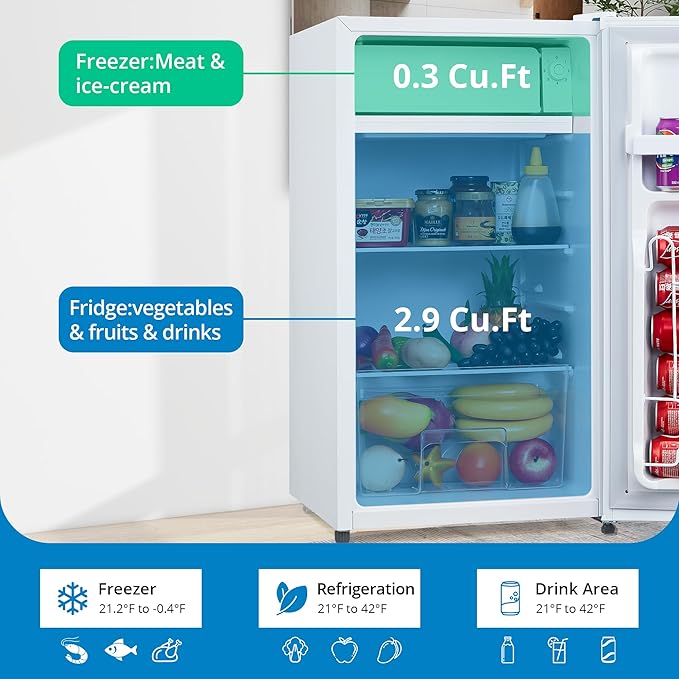 3.2 Cu.Ft Mini Fridge with Freezer, Small Refrigerator with Single Door and Adjustable Thermostat, Shelf, Energy Efficient, Compact Fridge for Bedroom, Office，white-Ruum Studio Home