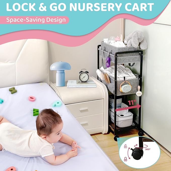 2IN1 Baby Diaper Caddy Organizer-3 Tier Rolling Storage Cart with Dividers - Bedside Diaper Caddy Cart for Baby Nursery Newborn Essentials-Mobile Utility Carts with Wheels for Changing Table-Ruum Studio Home