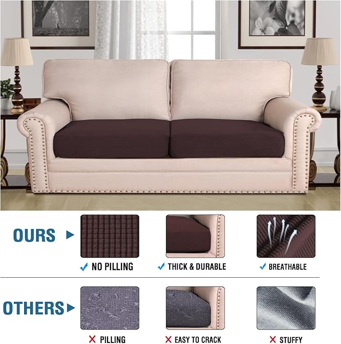 H.VERSAILTEX Super Stretch Individual Seat Cushion Covers - Thick Jacquard Textured Twill Fabric (2 Piece Large Sofa Cushion Covers, Chocolate)-Ruum Studio Home