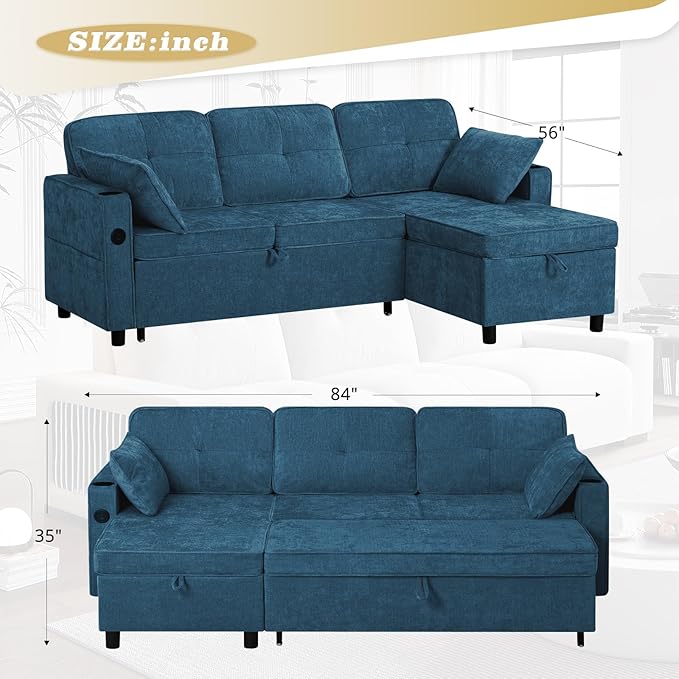 84 Inches Chenille Sectional Sofa w/Pull-Out Sofa Bed & Adjustable Back, Tufted L-Shaped Couch w/Storage Chaise, Sleeper Sectional Sofa w/USB Port & Cup Holders for Living Room, Blue-Ruum Studio Home