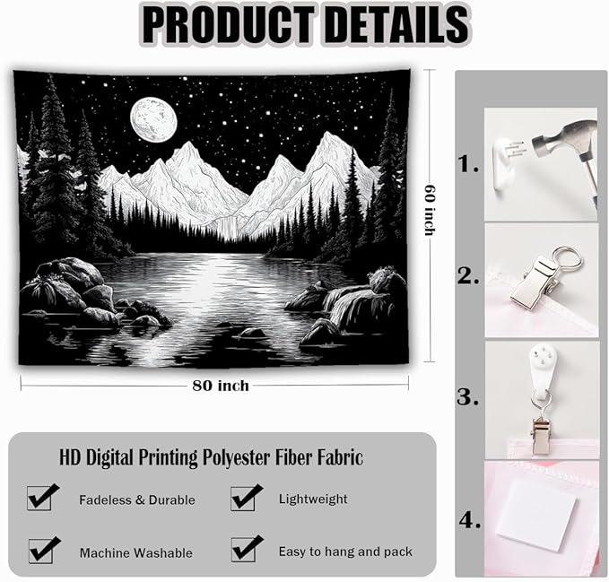 keowhsf Starry Night Mountain Lake Tapestry Black and White Tapestries Aesthetic Moon and Stars Wall Hanging Dark Nature Forest Tapestry for Bedroom Living Room Dorm Decor-Ruum Studio Home