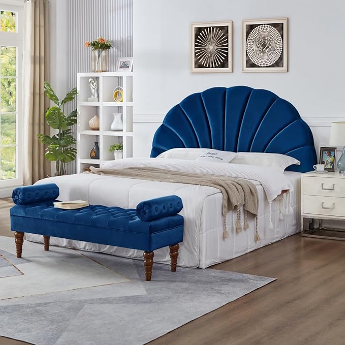 24KF Stunning Crown Design King Headboard, Upholstered Soft Velvet Petal Pattern Headboard King/CA King-6039-K-Navy-Ruum Studio Home
