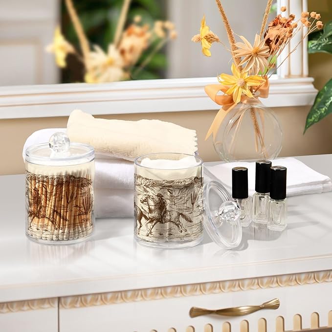 2 Pack Qtip Holder Organizer Dispenser Western Desert Cowboy Bathroom Storage Canister Cotton Ball Holder Container for Cotton Swabs/Pads/Floss-Ruum Studio Home