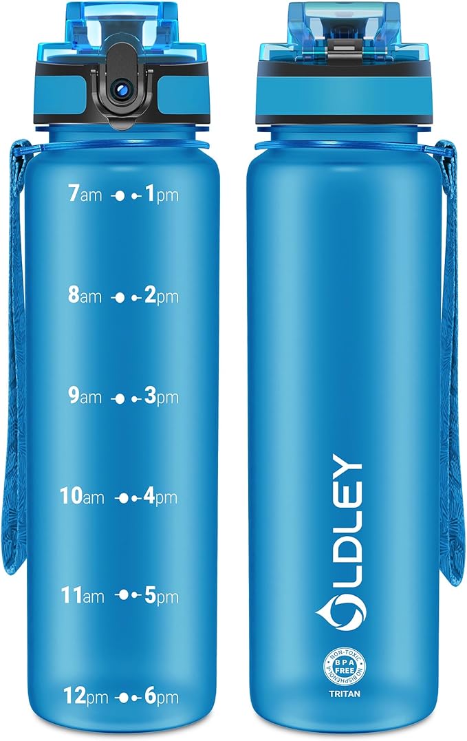 OLDLEY 32 oz Motivational Water Bottle with Time Marker, Sports Water Bottle With Strap, Leakproof & BPA Free Large Water Bottle for School, Gym, Travel, Outdoor, Tritan, Blue-Ruum Studio Home