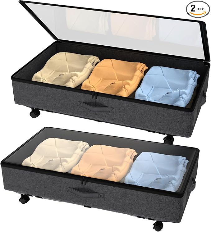Under Bed Storage with Wheels, 2 Pack Under Bed Storage Containers with Transparent Lid, 50L Large Capacity Underbed Storage Containers, Underbed Storage Bins for Clothes, Shoes, Books, Toys, Black-Ruum Studio Home