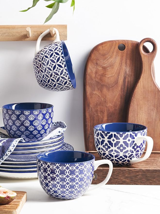 DOWAN Coffee Mugs Set of 4, 24 oz Large Coffee Mugs, Jumbo Soup Mugs With Handles, Ceramic Coffee Cups for Coffee Cereal Latte for Men Women, Housewarming Wedding Gift, Vintage Blue-Ruum Studio Home