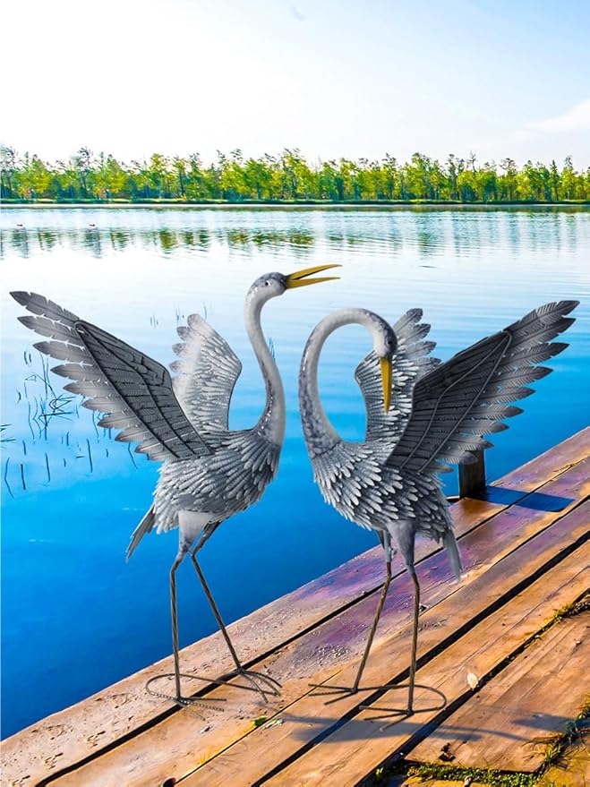 24-27 Inch Standing Crane Garden Sculptures & Statues, Crane Metal Yard Art for Backyard, Lawn, Patio, Porch, Birthday, Wedding Decorations, Gray-Ruum Studio Home