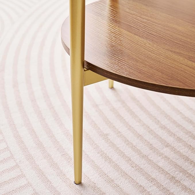 Round Glass End Table, Mid-Century Modern Design Sofa Table for Living Room, D18 x H23, 2-Tier Structure, Amber Glass Top and Walnut Shelf, Sleek Conical Legs with Gold Finish Frame-Ruum Studio Home