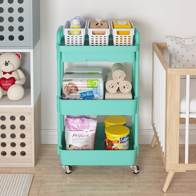 Calmootey 3-Tier Rolling Utility Cart with Drawer,Multifunctional Storage Organizer with Plastic Shelf & Metal Wheel,Storage Cart for Kitchen,Bathroom,Living Room,Office,Green-Ruum Studio Home