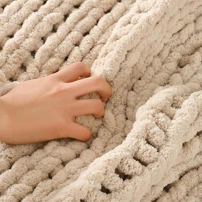 Esterra Chunky Knit Blanket Throw 50"x60", 100% Hand Knitted Chenille Throw Blanket, Cozy Soft Thick Cable Knit Throw Large Rope Knot Crochet Throw Blanket for Sofa Couch Bed, Sandshell/Oatmeal-Ruum Studio Home