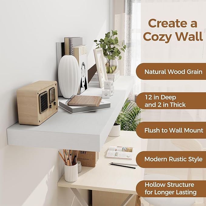 White Floating Shelves 48 Inch Long, 12 Inch Deep Floating Shelves for Wall, 48 x 12 Large Wall Shelves for Home Storage & Display, 2" Thicked Floating Shelf for Bedroom, Living Room, 1 Pack-Ruum Studio Home