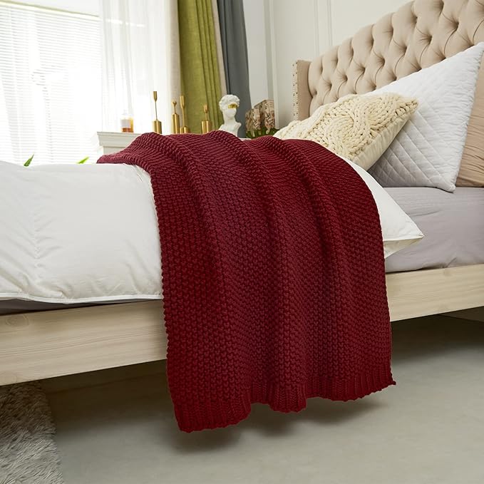 Longhui bedding Chunky Cable Knit Throw Blanket Lightweight Burgundy 100% Organic Cotton Blanket for Sofa Couch Bed Baby Nursery, Rustic Shabby Chic Modern Farmhouse, 51” x 63” Give Laundering Bag-Ruum Studio Home