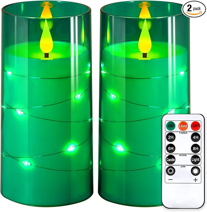 NURADA Flickering Flameless Candles: Built-in Star String Acrylic Battery LED Pillar Candles Candles with Remote and Timer for Home Party Weddings Christmas Halloween Decor -Green 2 Pack-Ruum Studio Home