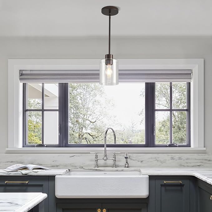 Oil Rubbed Bronze Pendant Lights Kitchen Island - Clear Glass Pendant Light Fixture Multiple Stems Rods 3 Units 12 Inch 3 Units 4 Inch (3 Pack Oil Rubbed Bronze Downrod)-Ruum Studio Home