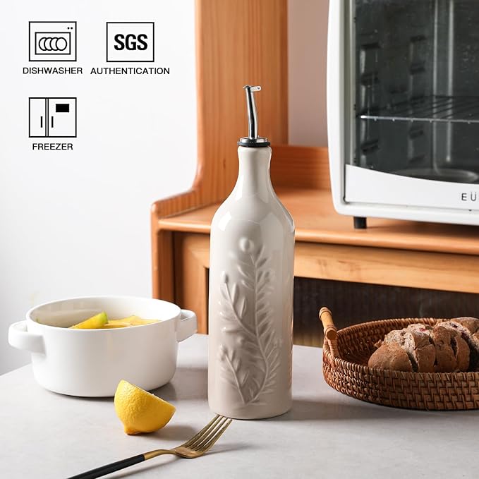 Sweejar Large Olive Oil Dispenser Bottle with Spout, 24 Oz Ceramic Oil Dispenser for Kitchen, Relief Opaque Cruet, Container for Cooking, EVOO, Vinegar, Pack of 1 (GradientFogGray)-Ruum Studio Home