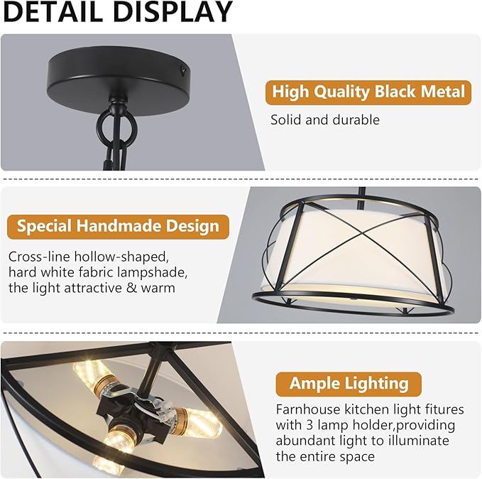 15.7" Black Drum Chandelier,3-Light Modern Farmhouse Chandelier,White Fabric Drum Shade Pendant Light Fixture for Dining Room Kitchen Island Bedroom Entryway-Ruum Studio Home