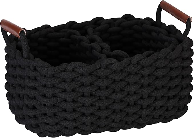 Sea Team 3-Pack Rectangle Woven Cotton Rope Storage Baskets with Handles, Shelf Basket, Closet Organizers, 3-in-1, Black-Ruum Studio Home