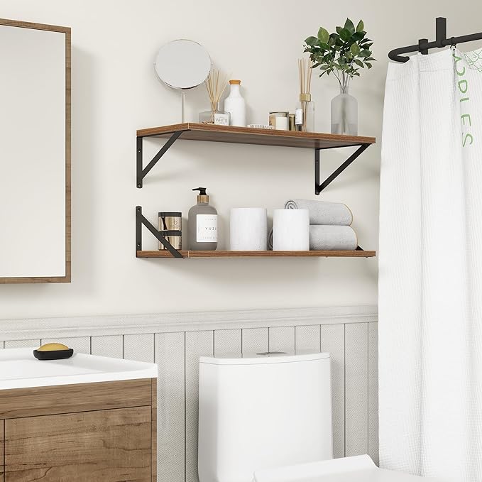 Fun Memories 27.5" W x10 D Floating Shelves, Large Wall Shelves 27.5 Inch Long, Set of 2, Farmhouse Wood Floating Shelf Wall Mounted, Deep Shelves for Bathroom, Living Room, Kitchen, Walnut Color-Ruum Studio Home