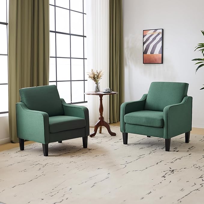VINGLI Mid-Century Modern Accent Chairs Set of 2 Living Room Chairs Dark Green Reading Chairs for Bedroom Scooped Arm Chairs Upholstered Comfy Chairs for Apartment, Waiting Room-Ruum Studio Home