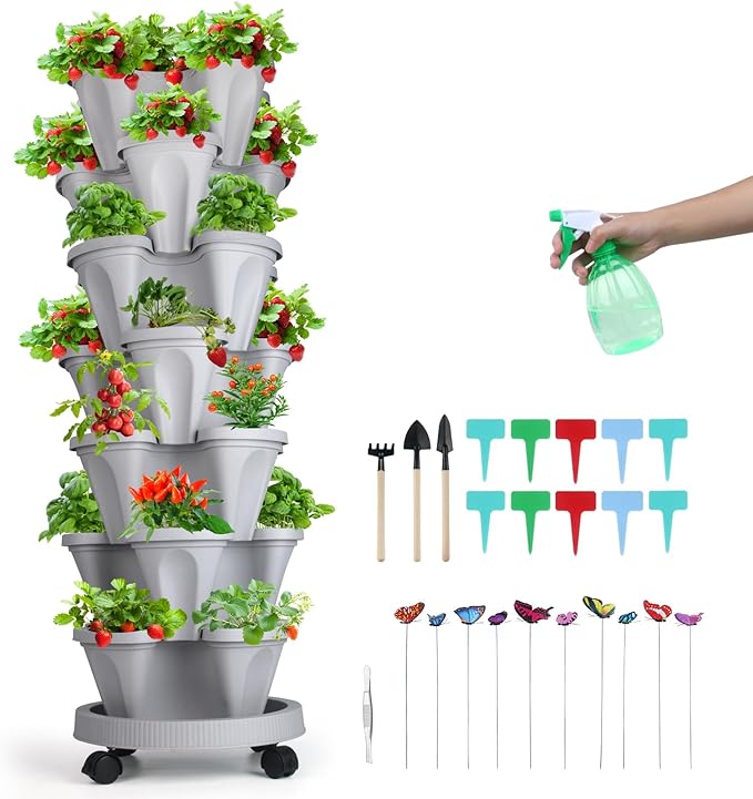 Vertical Planter, 7 Tier Stackable Strawberry Planter with Garden Tool Set, Movable Indoor/Outdoor Garden Herb Pot for Growing Vegetables and Succulents, Gray-Ruum Studio Home