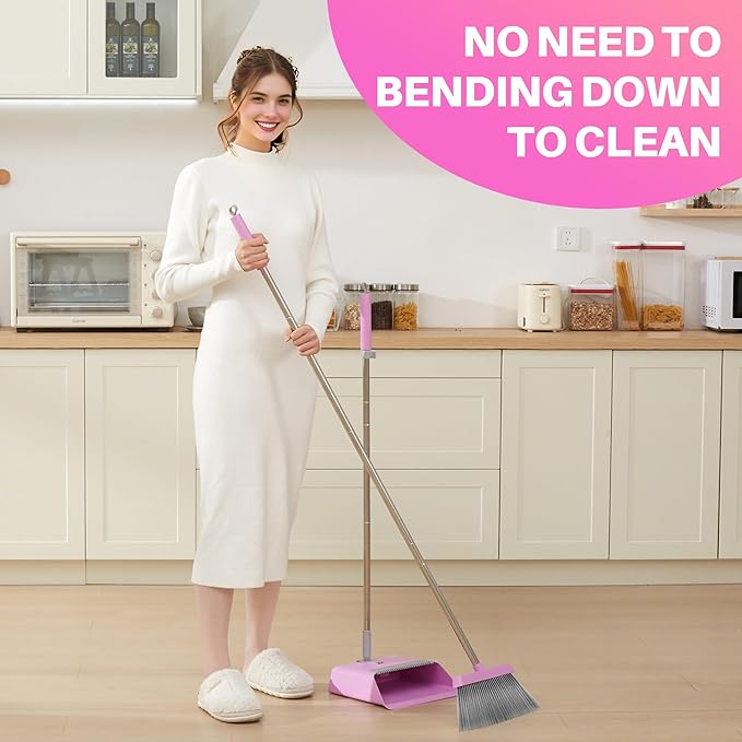 JOYMOOP Pink Broom and Dustpan Set with 56” Handle, Upright Angle with Built-in Comb Teeth for Hardwood Floors and Pet Hair-Ruum Studio Home