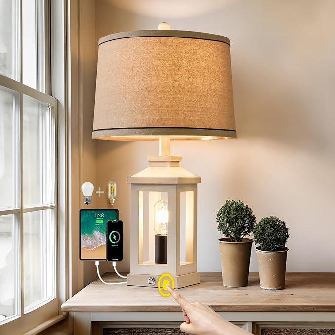 23.75" Retro Farmhouse USB C+A Ports Table Lamp with 3 Way Dimmable Touch Control White Nightlight Vintage Modern Lamp for Living Room Bedroom with 2 Light Sources-Ruum Studio Home