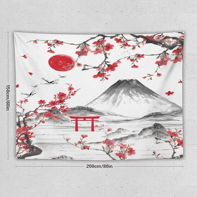 Red Cherry Blossoms Tapestry, Japanese Fuji Mountain Tapestry, Asian Japanese Wall Tapestry, Nature Landscape Tapestries for Bedroom Living Room Decor 80"x60"-Ruum Studio Home