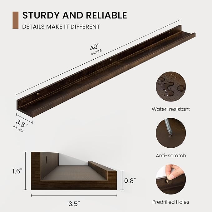 Picture Ledge Shelf, Solid Pine Wood Floating Shelves Set of 2, 40 Inches Nursery Book Shelves for Toys Storage, Kids Bookshelf Wall Mounted for Living Room Bedroom Decor Books Photo Frames, Walnut-Ruum Studio Home