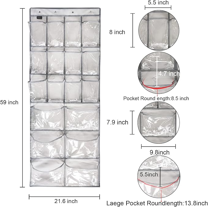 Extra Large Hanging Crystal Clear Over Door Shoe Organizer, Closet Shoe Rack with 12+6 Pockets, 8 Hooks, Grey (59"x 21.6")-Ruum Studio Home