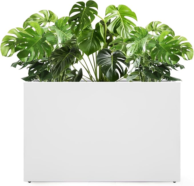 Galvanized Steel Planter Box-No Installation Required Metal Rectangular Block Long Box Planter Modern Outdoor Planters All-Weather Use with Drainage Holes for Patio/Porch, 36×24×12IN（White）-Ruum Studio Home