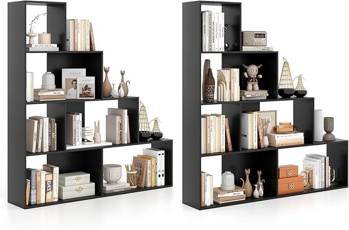 Tangkula 4-Tier Stepped Bookshelf, Freestanding 6 Cubes Ladder Bookcase with Anti-Tipping Kits, 64" Tall Modern Wooden Storage Display Rack for Home Office Living Room Study (2, Black)-Ruum Studio Home