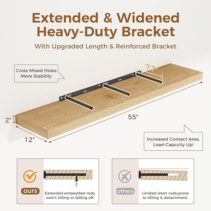 Fun Memories 55 Inch Floating Shelves, 12 Inch Deep Floating Shelf for Wall, 55 x 12 Large Floating Shelves for Fireplace Mantel, 2 Inch Thick Wall Shelf for Living Room, Bedroom, Oak Color, 1 Pack-Ruum Studio Home