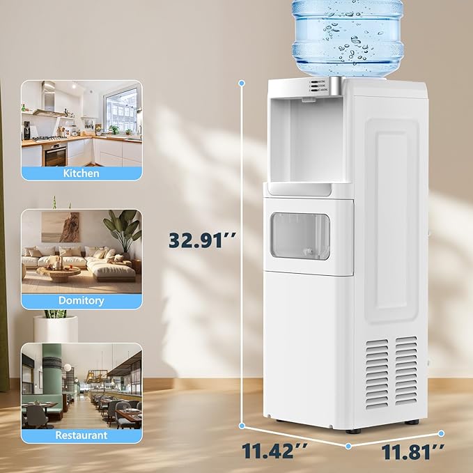COWSAR 3-in-1 Water Cooler with Ice Maker, Hot & Cold Top Loading, Water Dispenser for 5 Gallon Bottle, 33LBS/24H Ice Maker with Child Safety Lock, White-Ruum Studio Home