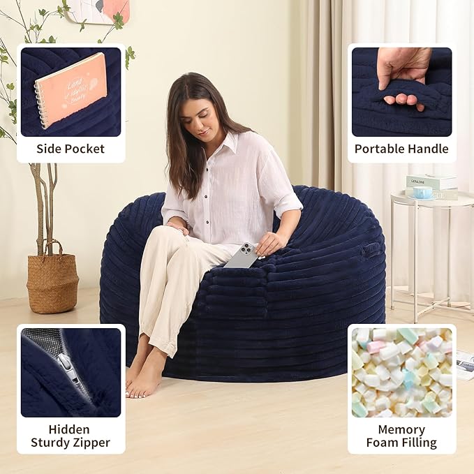 Memory Foam Bean Bag Chair for Adults/Teens, Bean Bag Sofa with Fluffy Removable Cover, for Living Room Bedroom, 3FT Blue-Ruum Studio Home
