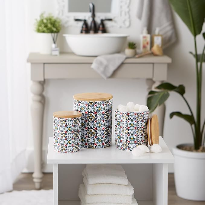 DII Kitchen Ceramics Collection Canister Set, Floral Tile, 3 Piece-Ruum Studio Home