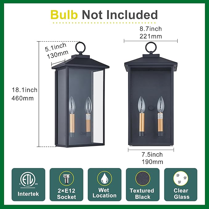 18 Inch Wall Light in Clear Glass and Textured Black and Golden Candle Cap Sleeve,Outdoor Lighting Wall Sconce,2-Light 120watts for House Doorway Garage,Bulb Not Included.-Ruum Studio Home