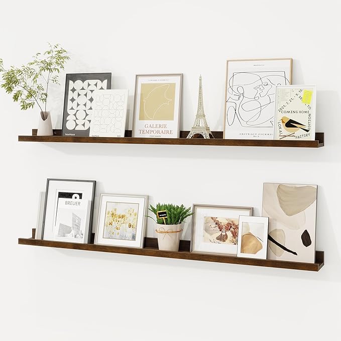 Picture Ledge Shelf, Solid Pine Wood Floating Shelves Set of 2, 40 Inches Nursery Book Shelves for Toys Storage, Kids Bookshelf Wall Mounted for Living Room Bedroom Decor Books Photo Frames, Walnut-Ruum Studio Home