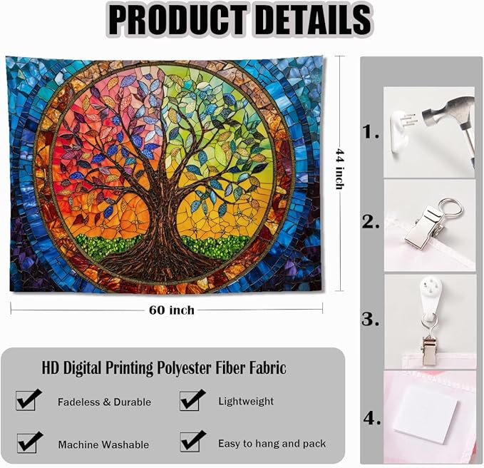 keowhsf Tree of Life Tapestry Wall Hanging – Colorful Stained Glass Look Wall Art with Fantasy Aesthetic, Large Tapestry for Bedroom, Living Room, Home Decor-Ruum Studio Home